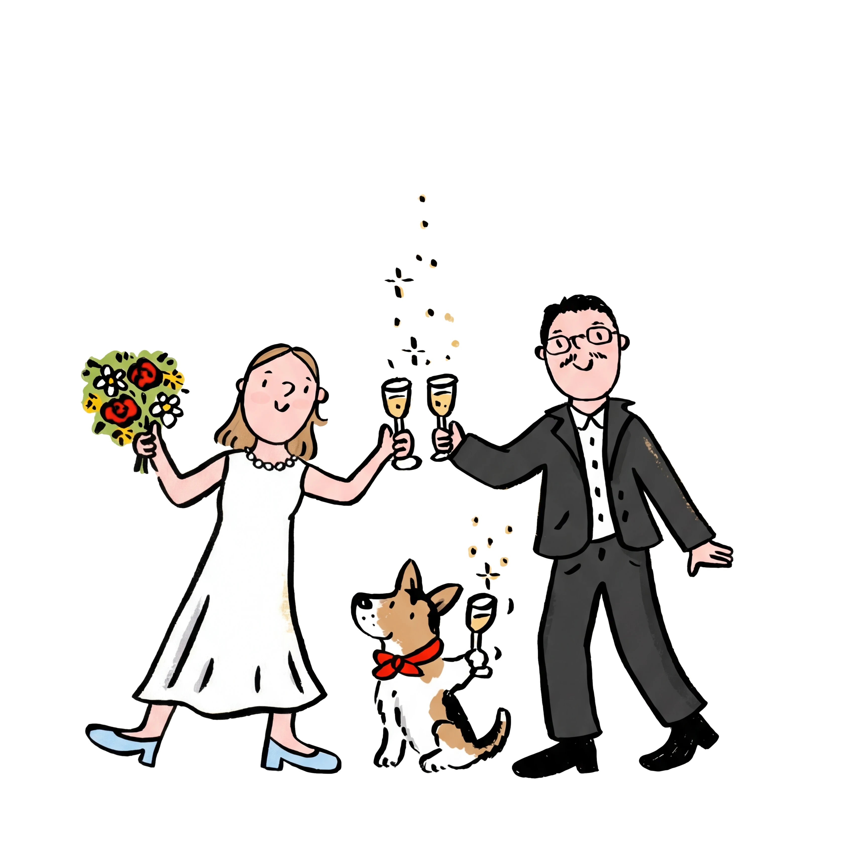 Ruth, Pep and their dog celebrating with champagne in front of a Catalan country church